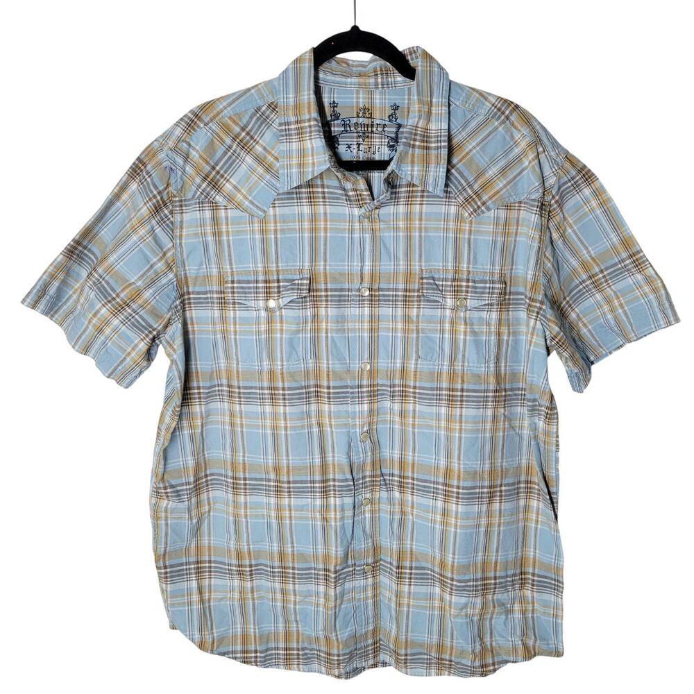 Rewire Mens Sz XL Blue Brown Plaid Short Sleeve Button Down Shirt